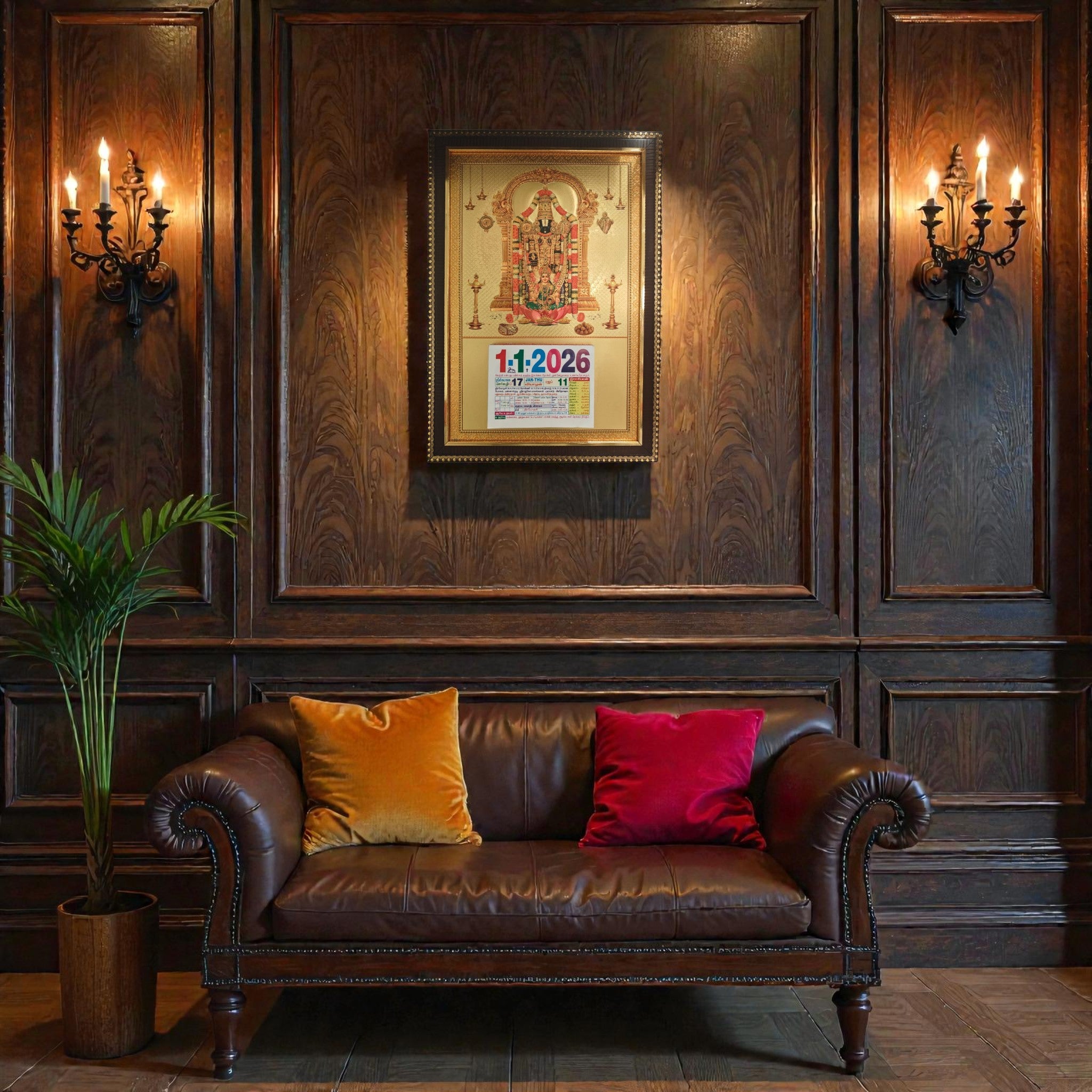 Lord Perumal with Goddess Lakshmi Gold Foil Daily Sheet Calendar 12x17 Inch 2026 | Wooden-Finish Frame & Hardboard Backing | Replaceable Yearly Calendar Pad | Premium Devotional Wall Decor for Home & Office